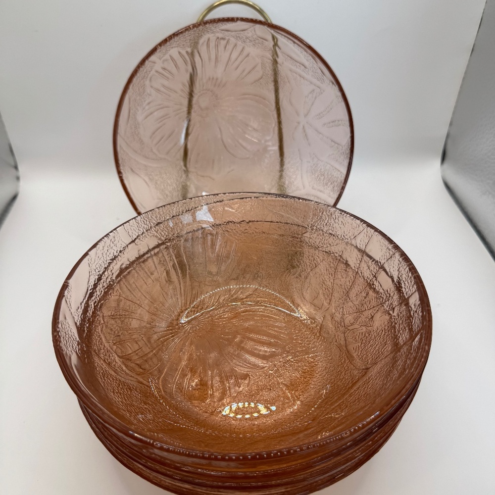 KIG Indonesia Pink Glass Hibiscus Embossed Bowls. Set of 5, 6.5" diameter.